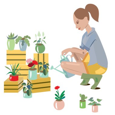 Çiçekleri sulayan genç bir kadın