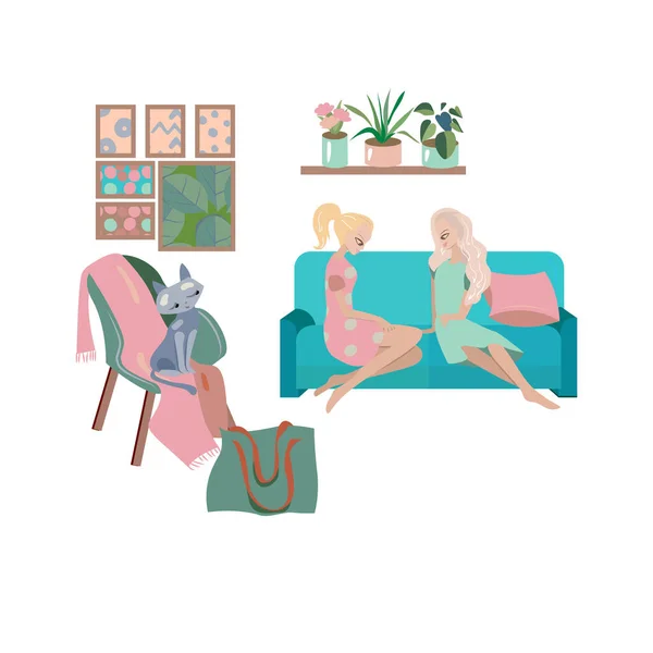 Deux Femmes Assoient Dans Une Chambre Confortable Parlent Chat Assis — Photo