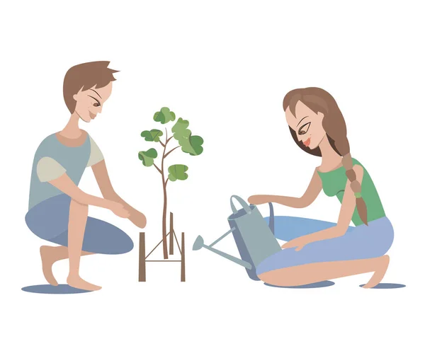 Junge Frau Und Mann Gießen Pflanzen Objekte Isoliert Auf Weiß — Stockfoto