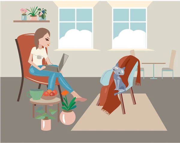 Νεαρή Γυναίκα Κάθεται Και Εργάζεται Στο Σπίτι — Φωτογραφία Αρχείου