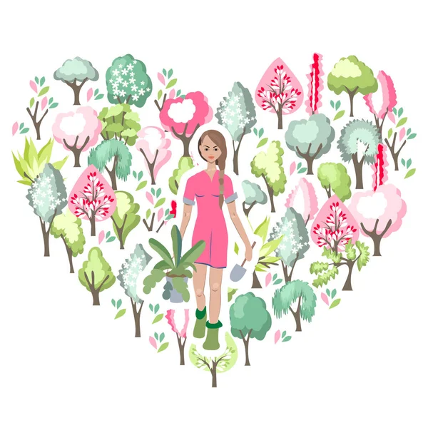 Young Woman Garden Gadgets Objects Isolated White Symbol Heart Made — Stock Photo, Image