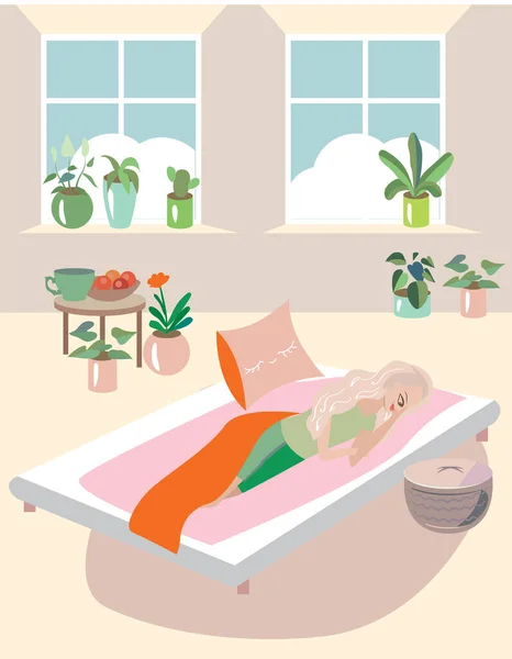 Молодая Женщина Лежит Кровати Возле Окна Большим Количеством Растений — стоковое фото