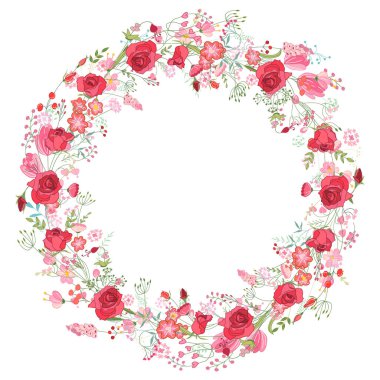 Yuvarlak çerçeveli güzel pembe ve kırmızı güller. Sezon tasarımınız için çiçek çemberi..