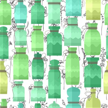 Bitki dolu şişelerle kusursuz desen. Sezon tasarımı için sonsuz doku
