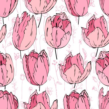 Pembe laleli kusursuz sezon deseni. Çiçekli yaz tasarımı için bitmeyen doku