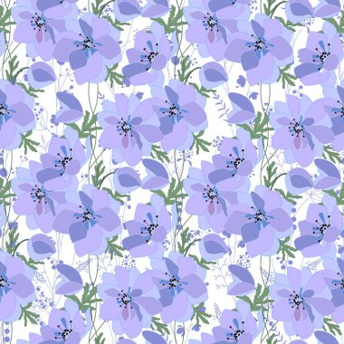 Mavi sevimli çiçekli kusursuz mevsim deseni. Çiçekli yaz tasarımı için bitmeyen doku