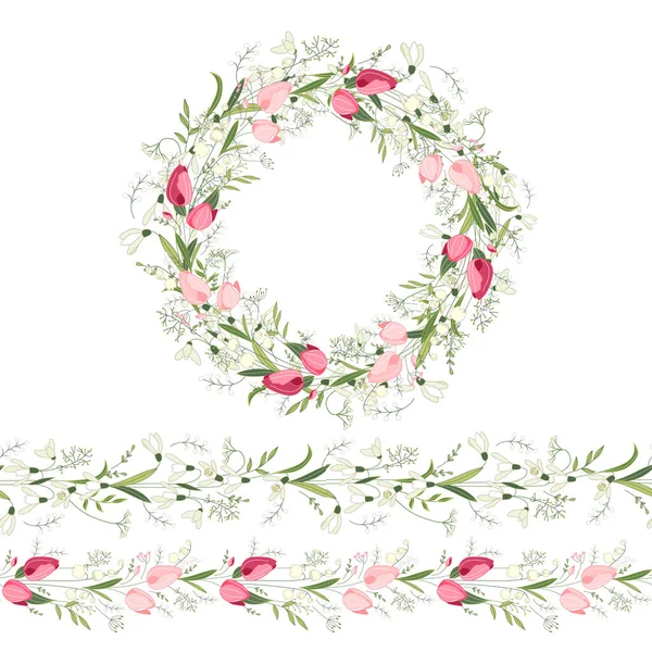 Okrągła Ramka Ładnymi Różowymi Tulipanami Śnieżkami Świąteczny Krąg Kwiatowy Dla — Zdjęcie stockowe