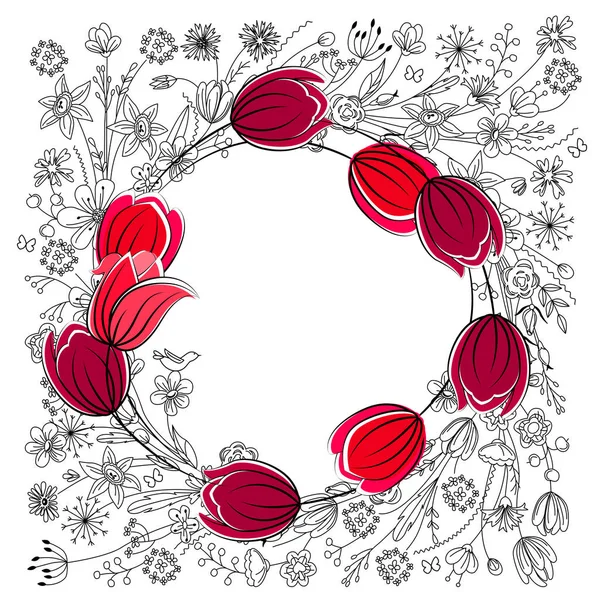 かなり赤いチューリップと輪郭様式化された花とグリーティングカード あなたの季節のデザインのための花のサークル — ストック写真