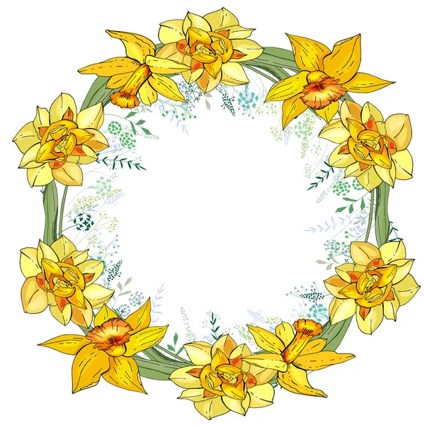 丸いフレームとかなりの水仙 あなたの季節のデザインのための花のサークル — ストック写真