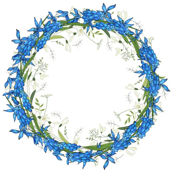 Круглая Рамка Красивыми Голубыми Первоцветами Подснежниками Сциллами Праздничный Цветочный Круг — стоковое фото