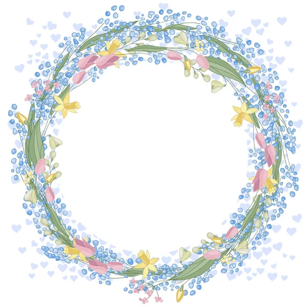 Круглая Рамка Красивыми Тюльпанами Нарциссами Мускари Праздничный Цветочный Круг Дизайна — стоковое фото