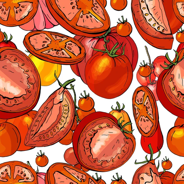 熟した赤いトマトとシームレスな季節のパターン 食品デザインのためのエンドレステクスチャ — ストック写真