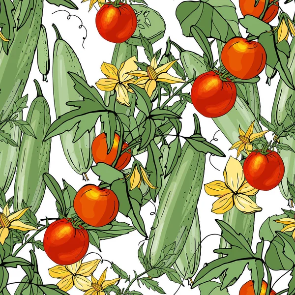 Seamless season pattern with growing tomato and cucumber. Endless texture for summer design