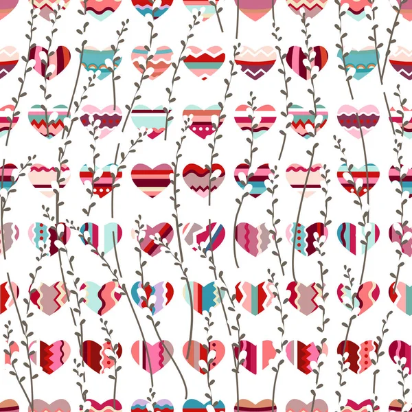 Seamless Pattern Pussy Willows Hearts Endless Texture Season Spring Design — Stock fotografie