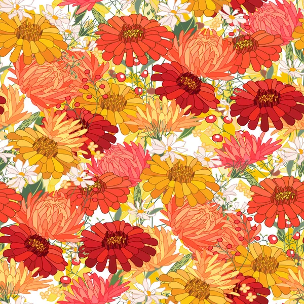 Seamless Season Pattern Red Yellow Astra Dahlia Endless Texture Floral — Stock Photo, Image