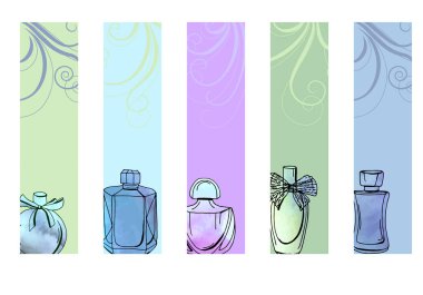 Çeşitli parfüm şişeleriyle farklı moda şablonlarıyla ayarlanmış. Tasarım ve reklamınız için kartlar
