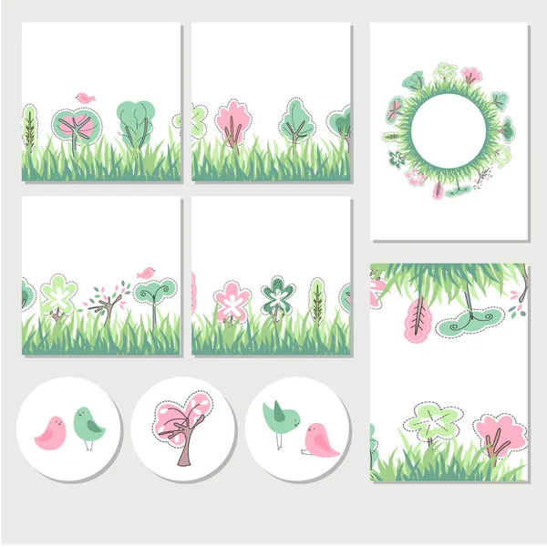 Conjunto Com Diferentes Modelos Com Árvores Florescentes Primavera Verão Cartões — Fotografia de Stock