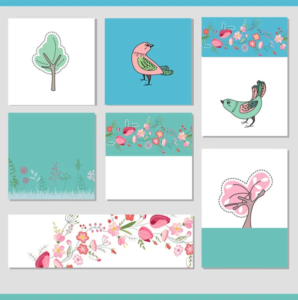 Set Met Verschillende Bloemen Voorjaar Sjablonen Met Vogels Kaarten Voor — Stockfoto