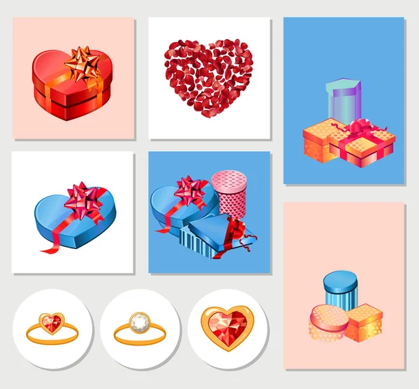 Set with different templates with gift boxes, rings, gem and heart. Cards for your modern design and advertisement