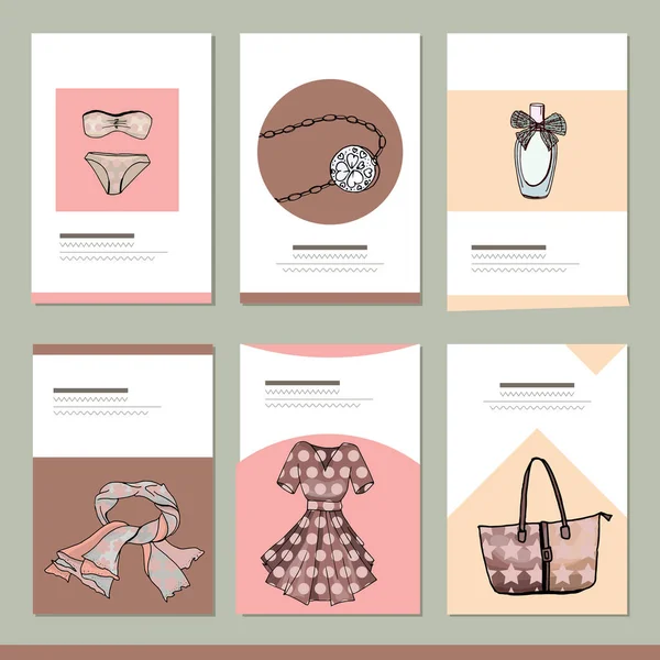Набір Різними Шаблонами Моди Жіночими Сукнями Аксесуарами Картки Вашого Сучасного — стокове фото