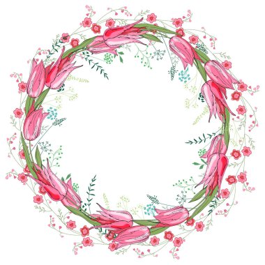 Festival ve sezon tasarımı için farklı çiçek unsurlarıyla yuvarlak çelenk