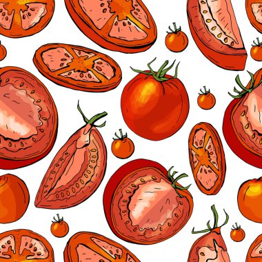 Beyaz üzerine farklı sebzeler serpiştirilmiş kusursuz bir desen. Domates dilimleri, domates vişneli.