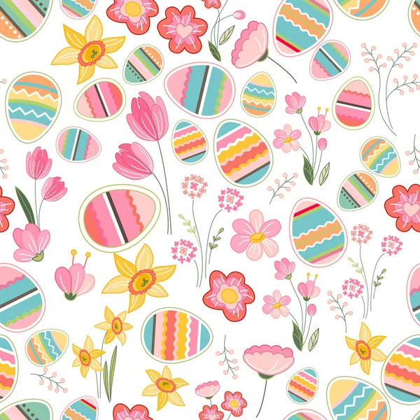 Floral Seamless Pattern Eggs Birds Stylized Flowers Endless Texture Spring — Stock Vector
