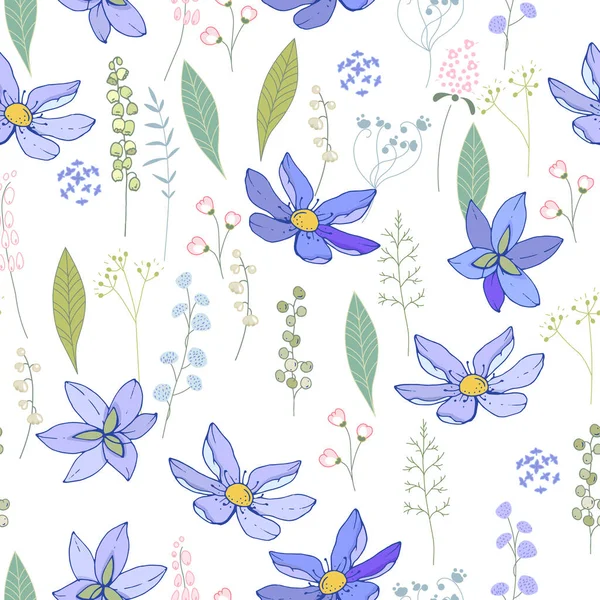 Płynny Wzór Niebieskimi Pierwiosnkami Niekończąca Się Tekstura Projektowania Sezonu Kwiatowego — Wektor stockowy