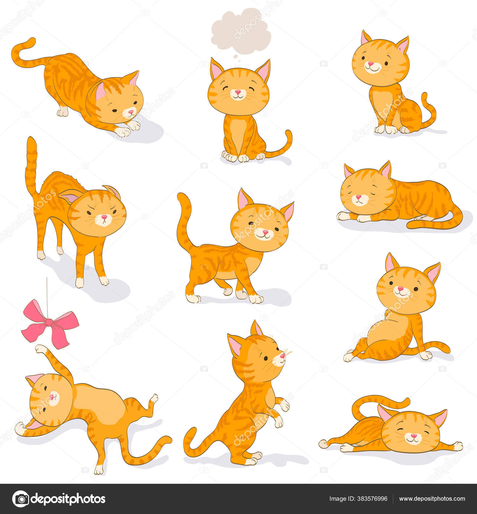 レッド タビー リトル キャットがポーズをとってる 様々なポーズの可愛い猫 漫画子猫の夢 物乞い 立って 座って 歩いて ストックベクター C Ghenadie