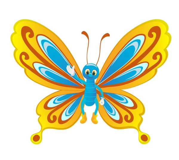 Zeichentrickfigur Schmetterling Winkt Mit Der Hand Und Lächelt Fröhlich Vektorillustration — Stockvektor
