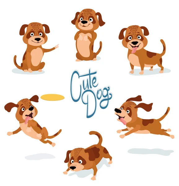 Cute Cartoon Dog Pointing Begging Standing Sitting Running Sniffing Playing — Stock Vector