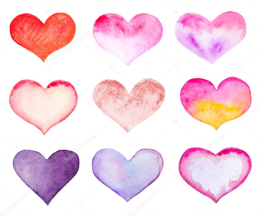 set of watercolor hearts isolated on white.