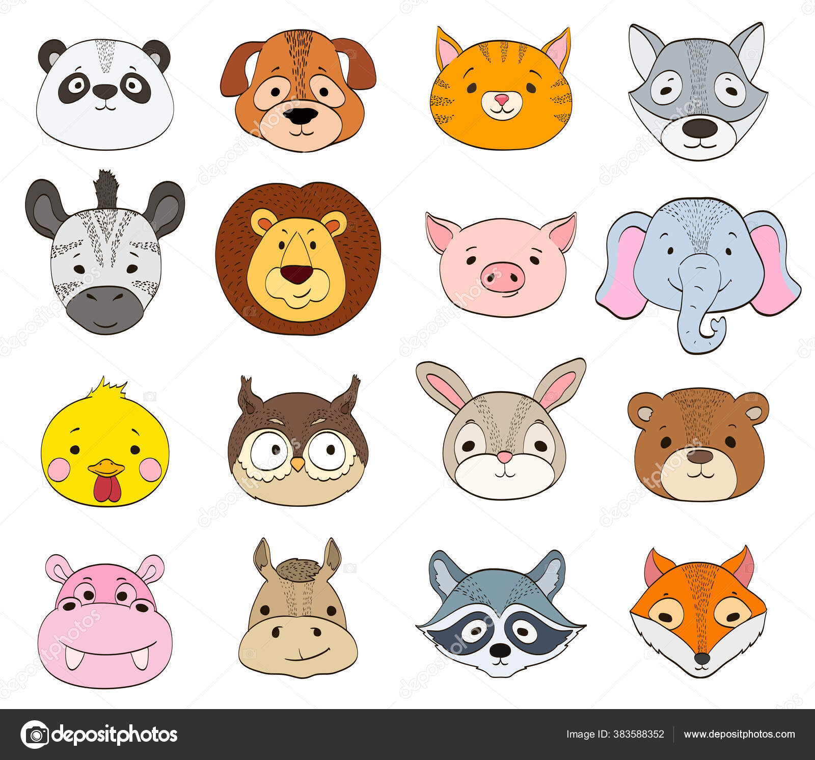 Set Cartoon Animal Faces White Baby Animals Symbols Drawing Vector Stock  Vector Image by ©Ghenadie #383588352