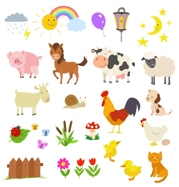 Conjunto Dibujos Animados Animales Granja Aislados Blanco Ilustración Vectorial — Vector de stock