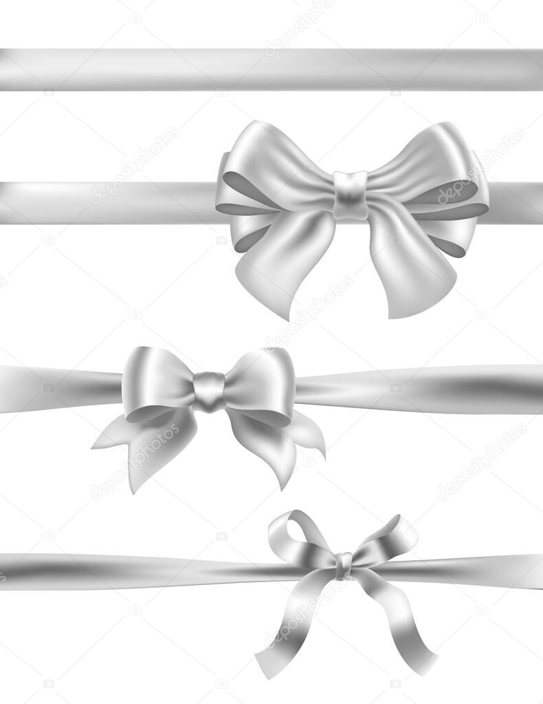 set of silver bows on white. vector decorative design elements