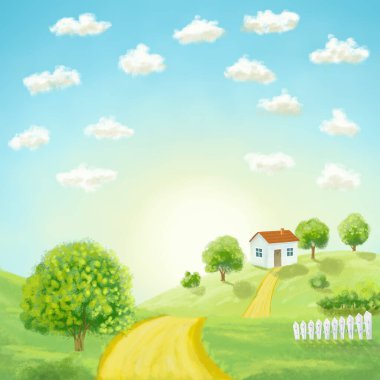cartoon illustration with house, trees road on hills, sky with clods and sunrise clipart