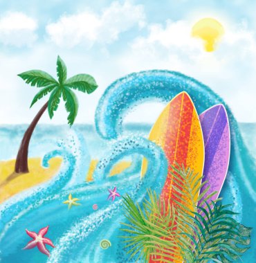 Sörf tahtası, palmiye yaprakları, yıldız balıkları, bulutlu güneş manzarası