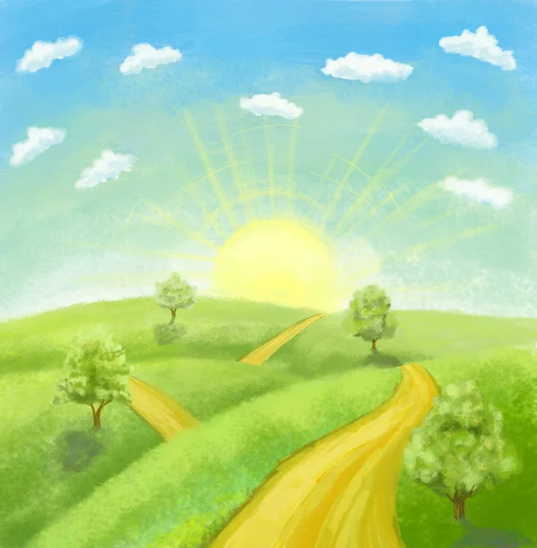 cartoon landscape with road, trees, sunrise and sky with clouds