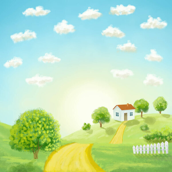 cartoon illustration with house, trees road on hills, sky with clods and sunrise