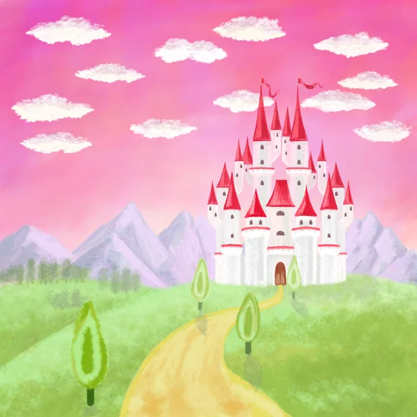 Castello Dei Cartoni Animati Alberi Montagne Nuvole Sfondo Cielo Rosa — Foto Stock