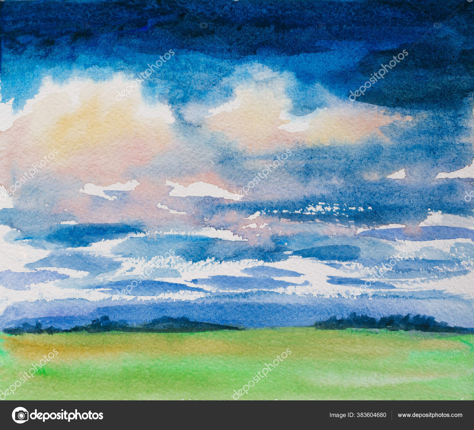 Watercolor Illustration Landscape Dramatic Clouds Green Grass Field Meadow Stock Photo Image By C Ghenadie