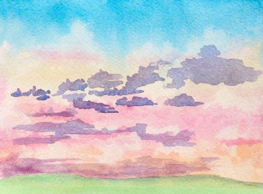 Gündoğumu bulutları ve yeşil alanlı manzaranın soyut suluboya çizimi 