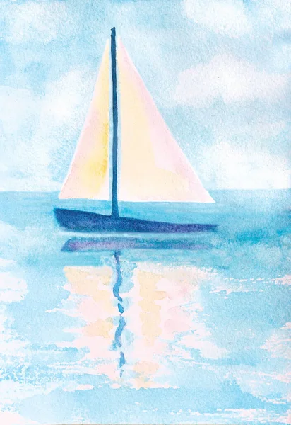 Acquerello Yacht Acqua Disegnato Mano Illustrazione — Foto Stock