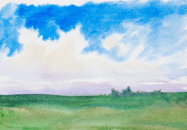 watercolor background with clouds on blue sky and green grass landscape