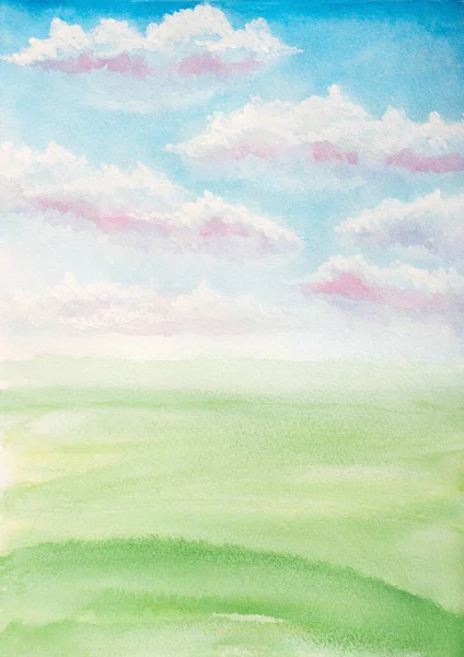 Watercolor Illustration Landscape Clouds Green Grass Field Meadow — Stock Photo, Image