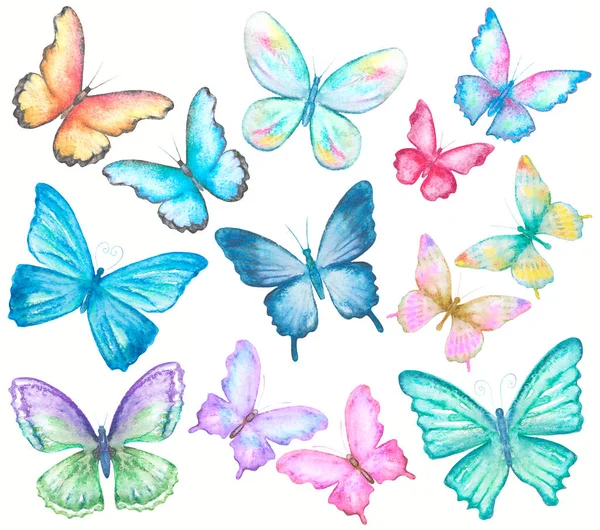 Akvarel Motýli Nastavit Bílou — Stock fotografie
