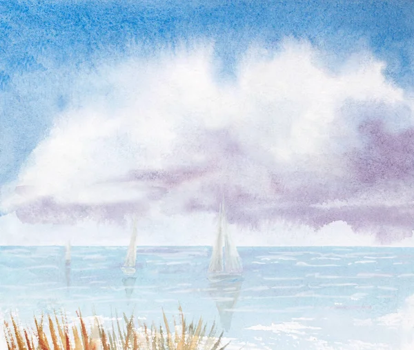 yachts watercolor landscape with sky, water, reeds. abstract composition with fluffy clouds in the sky and sea