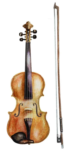 水彩小提琴和弓隔离在白色 水彩画 — 图库照片