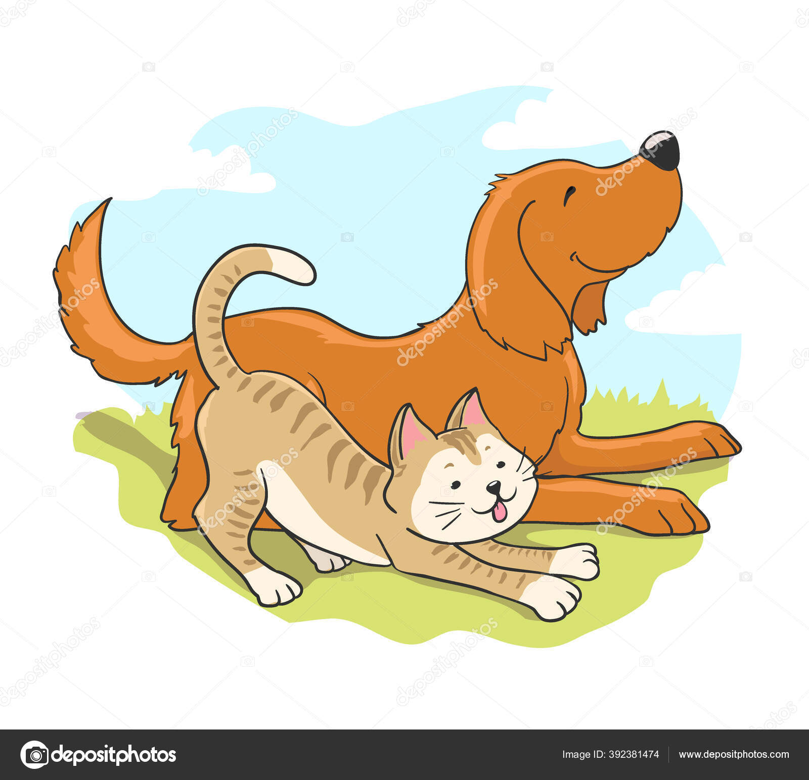 Mignon Chien Chat Assis Sur Herbe Avec Une Expression Souriante Image Vectorielle Par Ghenadie C Illustration Mignon Chien Chat Assis Sur Herbe Avec Une Expression Souriante Image Vectorielle Par Ghenadie C Illustration
