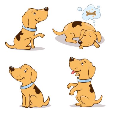 Beyazın üzerinde şirin çizgi film köpekleri. Yalvarmak, hayal etmek, gülümsemek, oturmak
